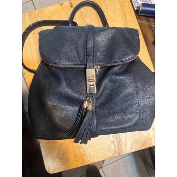 Mystique Handbags - Mystique Black Vegan Leather Tassel Backpack Gold Hardware Striped Lining